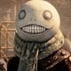 Creature with a Large Pale Round Head Wide Toothy Grin Camo Scarf and Armor in a Gritty Industrial Setting