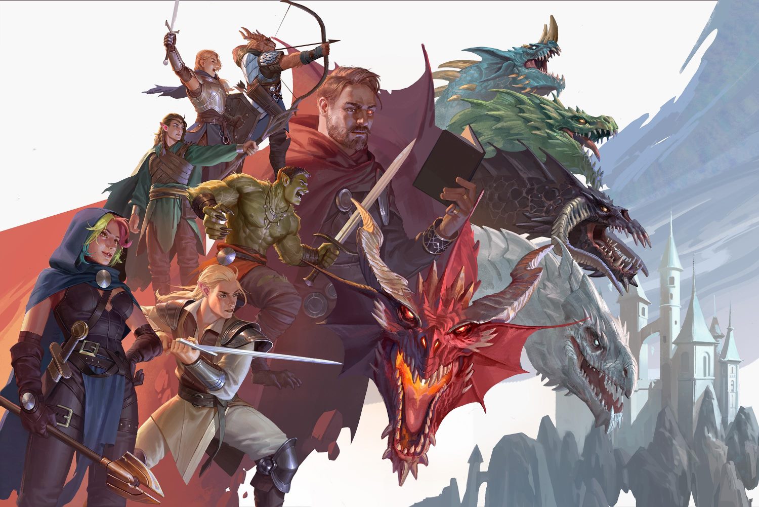 Dungeons Dragons Group of Diverse Fantasy Heroes Armed with Swords and Magic Confront a Multi headed Dragon with a Castle in the Background