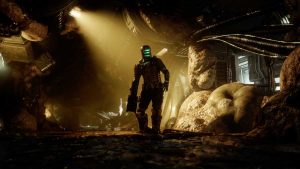Armored Scifi Soldier Standing in a Rocky Industrial Ruin with Dim Lighting and Cables Overhead