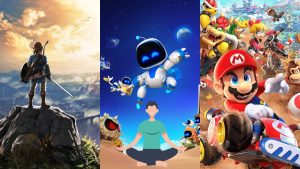 Three panel Gamer Collage a Hero with a Sword and Guitar on a Rocky Cliff at Sunset Center Blue Robot and Friends Near a Meditating Person Right Mario Kart Characters Racing