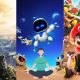 Three panel Gamer Collage a Hero with a Sword and Guitar on a Rocky Cliff at Sunset Center Blue Robot and Friends Near a Meditating Person Right Mario Kart Characters Racing