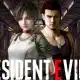 Two Game Characters Stand Back to back in a Dim Train Car with a Bold resident Evil Logo Across the Bottom