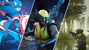 Three panel Collage Captain Americalike Hero in Blue Armor Wolverine with Claws and a Diver in a Swamp Setting