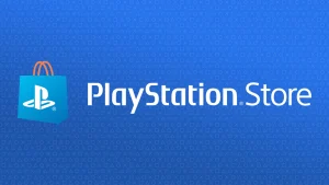 Playstation Store Branding with a Blue Shopping Bag Icon on the Left and the Words 'playstation Store' on a Blue Patterned Background