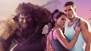 Rugged Armored Man Behind a Couple Embracing in a Sunset Cityscape Dramatic Illustration
