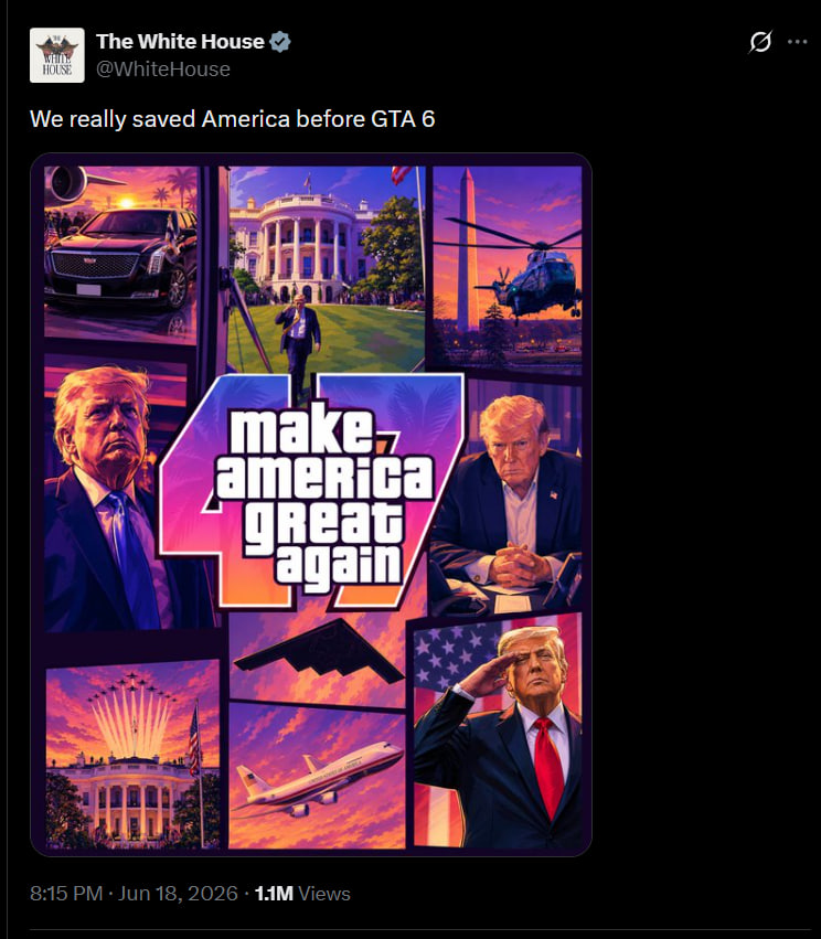 Photo 2026 06 18 23 10 04 Collage Poster with the Slogan 'make America Great Again' Surrounded by Images of the White House Trump a Helicopter a Plane the Washington Monument and a Sunset Backdrop