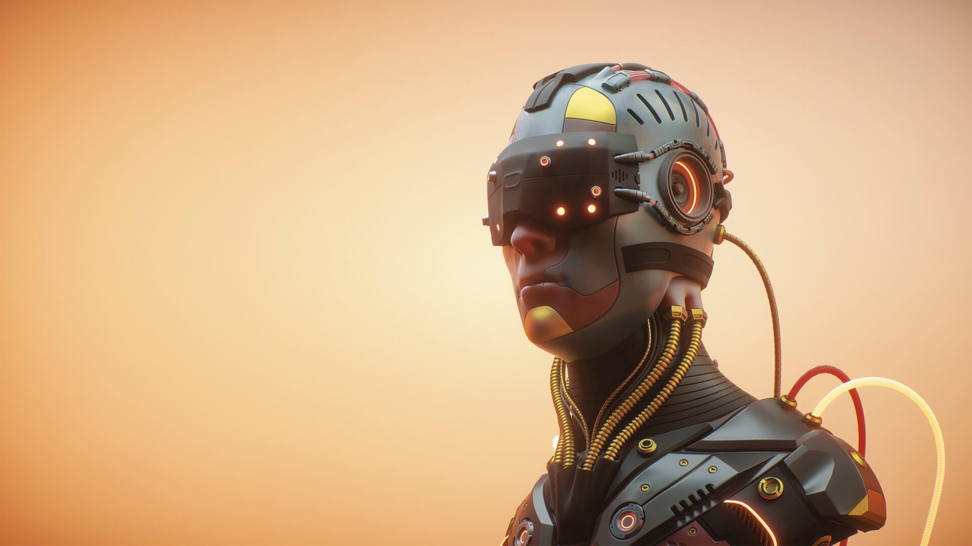 Cyborg Futuristic Android Head with a Dark Visor Glowing Orange Lights and Coiled Cables Against an Orange Gradient Background